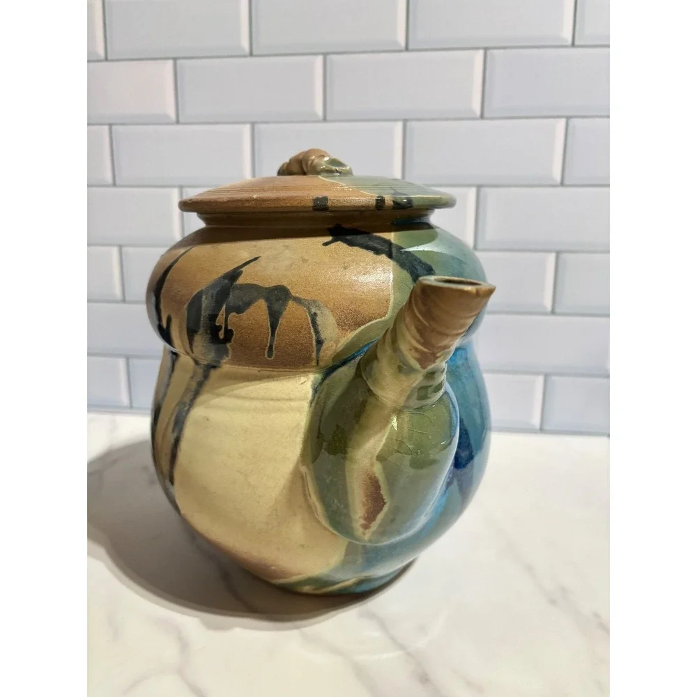 Studio Pottery Hand Thrown Teapot Blue Earth Tone Drip Glaze Signed Artisan Tea